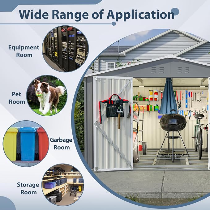 PVWIIK 10x8 FT Large Outdoor Metal Storage Shed, Heavy Duty Waterproof Steel Garden Tool Shed with Lockable Doors, Utility Storage Building for Backyard Patio Lawn Garden, Grey