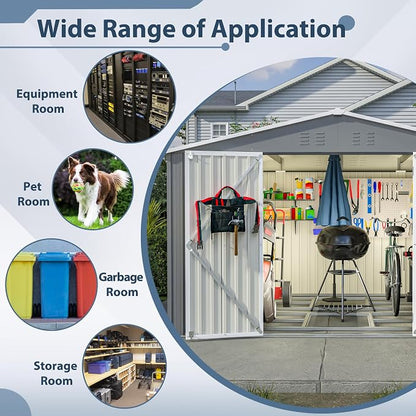 PVWIIK 10x8 FT Large Outdoor Metal Storage Shed, Heavy Duty Waterproof Steel Garden Tool Shed with Lockable Doors, Utility Storage Building for Backyard Patio Lawn Garden, Grey