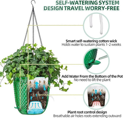 QCQHDU 5.7 Inch 2 Pack Small Hanging Planters for Indoor Outdoor Plants,Self Watering Flower Pots Hanging Basket Plant Hanger with Drainage Holes and 3 Hooks for Window Porch Garden Balcony, (Green)