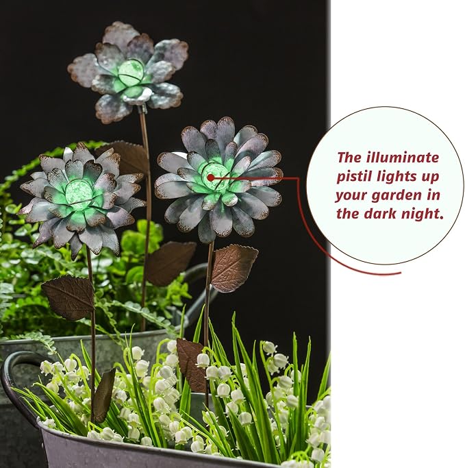 CEDAR HOME Galvanized Floral Garden Stake Outdoor Glow in Dark Plant Pick Water Proof Metal Stick Art Ornament Decor for Lawn Yard Patio, 4"W x 1.5"D x 13.8"H, 3 Set