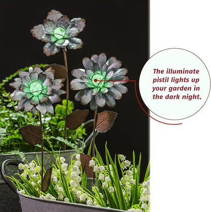 CEDAR HOME Galvanized Floral Garden Stake Outdoor Glow in Dark Plant Pick Water Proof Metal Stick Art Ornament Decor for Lawn Yard Patio, 4"W x 1.5"D x 13.8"H, 3 Set