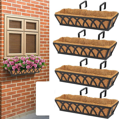 4 Pack 32IN Window Box Railing with Adjustable Brackets, Hanging Flower Planter Basket with Coco Liner for Outdoor Balcony Porch Fence Patio (Black)
