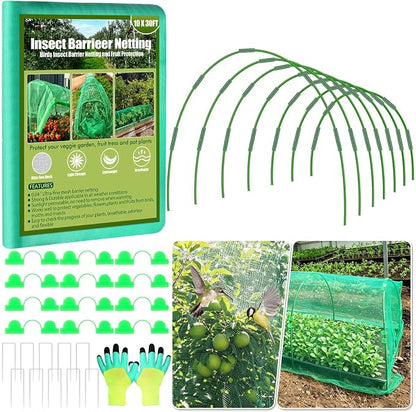 Cludoo Garden Mesh Netting Kit,7 Sets Wide Garden Hoops with 10x30 ft Garden Covers Bird Netting& 12 Clips, Garden Protection for Raised Beds Greenhouse Vegetable Plants Flowers Green