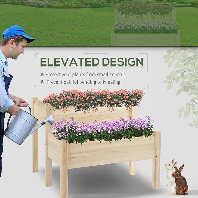 Outsunny 34"x34"x28" Raised Garden Bed, 2-Tier Elevated Wood Planter Box for Backyard, Patio to Grow Vegetables, Herbs, and Flowers, Natural