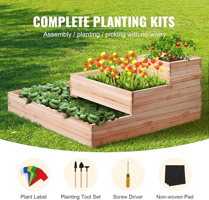 VEVOR 3 Tier Raised Garden Bed Wood Outdoor, 45 x 45 x 20in High End Natural Fir Wood Planter Box, Outdoor Planting Boxes for Flowers/Vegetables/Herbs in Backyard/Garden/Patio/Balcony, with Open Base