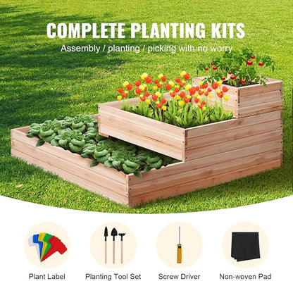 VEVOR 3 Tier Raised Garden Bed Wood Outdoor, 45 x 45 x 20in High End Natural Fir Wood Planter Box, Outdoor Planting Boxes for Flowers/Vegetables/Herbs in Backyard/Garden/Patio/Balcony, with Open Base