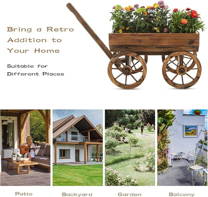 Notume Garden Wooden Decor Rustic Flower Pot,Planters Wagon Indoor Outdoor Backyard Balcony Decor,for Outside Garden Decor Wheelbarrow Planter for Patio (Wooden Wagon)
