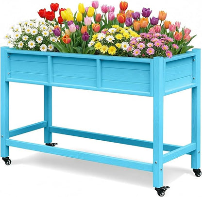 DWVO 47x18x31in Raised Garden Bed HDPE, Weather-Resistant Poly Wood Planter Box Stand, Planter Box with Legs & Lockable Wheels, Elevated Garden Bed for Backyard Patio Balcony - Aruba Blue
