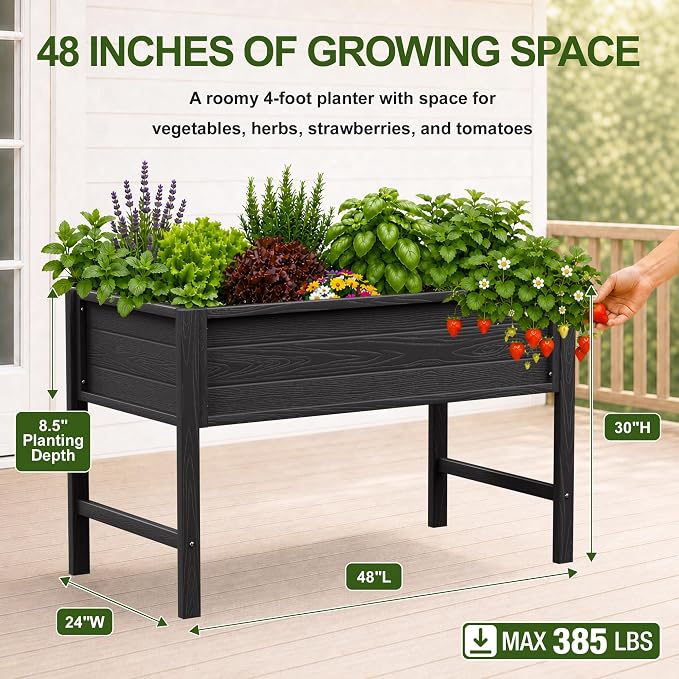 YEFU 48" Raised Garden Bed with Legs, HIPS Outdoor Garden Bed, Black | Raised Garden Bed with Legs for Patios & Decks, 30" Height, Wood-Look HIPS, Drainage, 385 lbs Support for Vegetables & Herbs