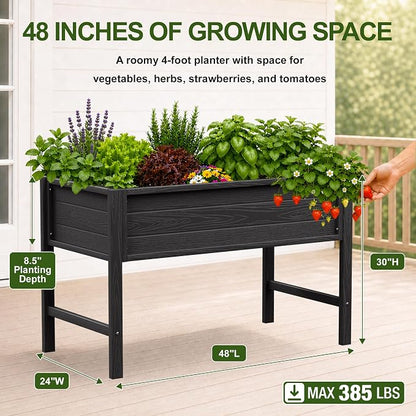 YEFU 48" Raised Garden Bed with Legs, HIPS Outdoor Garden Bed, Black | Raised Garden Bed with Legs for Patios & Decks, 30" Height, Wood-Look HIPS, Drainage, 385 lbs Support for Vegetables & Herbs