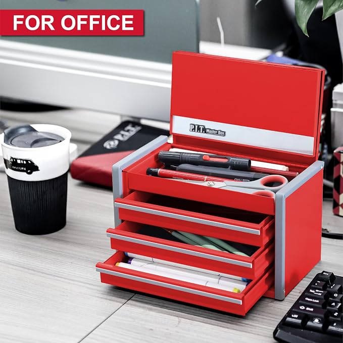 P.I.T. Mini Steel Tool Box,3 Drawer and 5 Drawer Stackable Toolbox with Magnetic Tab Locking,Red