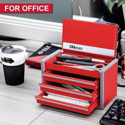 P.I.T. Mini Steel Tool Box,3 Drawer and 5 Drawer Stackable Toolbox with Magnetic Tab Locking,Red