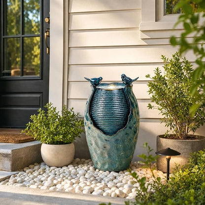 25" H Jar Ceramic Outdoor Fountain with Birds, Relaxing Water Feature | High-Fired Turqupise Glaze and Hammered Texture, Bird-Friendly Garden Fountain, Trickling Water Flow for Garden, Patio, Yard
