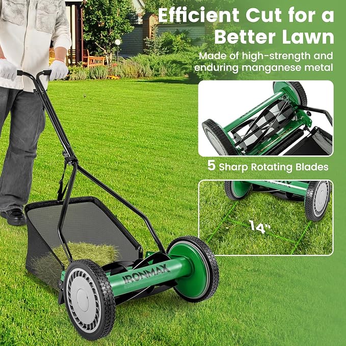 Goplus Manual Lawn Mower, 14 Inch 5-Blade Walk-Behind Cordless Grass Cutter with 7 Gallon Removable Grass Collect Bag, Adjustable Cutting Heights, Push Reel Lawn Mower for Yard, Garden