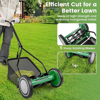 Goplus Manual Lawn Mower, 14 Inch 5-Blade Walk-Behind Cordless Grass Cutter with 7 Gallon Removable Grass Collect Bag, Adjustable Cutting Heights, Push Reel Lawn Mower for Yard, Garden