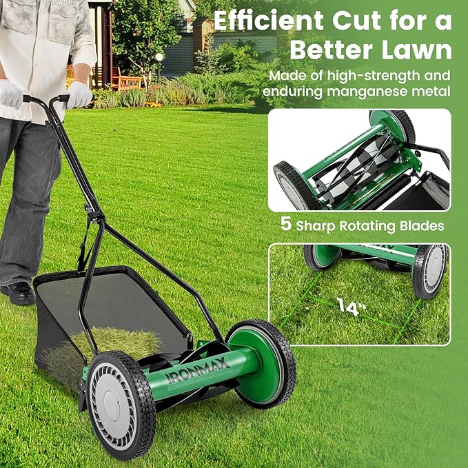 IRONMAX Lawn Mower, 14 Inch Push Reel Lawn Mower with 5 Steel Blades, Adjustable Cutting Heights, Grass Catcher Bag, Walk-Behind Manual Lawnmower for Garden Park Yard, No Motor (Green, 14 Inch)
