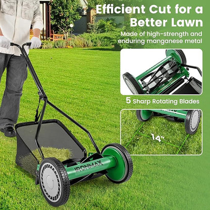 IRONMAX Lawn Mower, 14 Inch Push Reel Lawn Mower with 5 Steel Blades, Adjustable Cutting Heights, Grass Catcher Bag, Walk-Behind Manual Lawnmower for Garden Park Yard, No Motor (Green, 14 Inch)