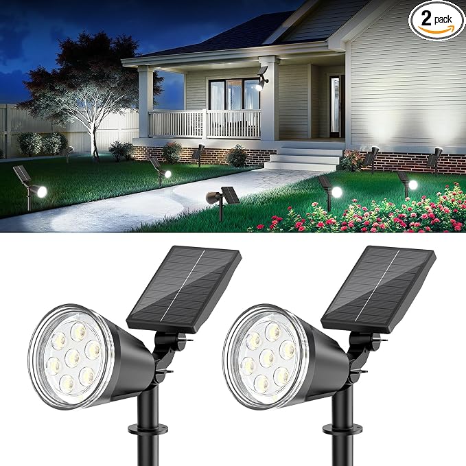 Solar Lights Outdoor Spot Light Waterproof: 1000LM Adjustable Cool White Spotlights - 2-in-1 15Hrs+ Bright Wall Spot Light - Solar Powered Landscape Spotlight for Garden, Yard, Tree, Flag