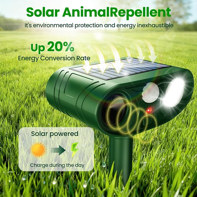 2026 Upgraded Ultrasonic Solar Animal Repellent Outdoor, Cat Repellent Outdoor, Deer Repellent Devices Waterproof with Motion-Activated Deterrent, Repels Squirrel, Deer, Raccoon for Yard, 4 Packs
