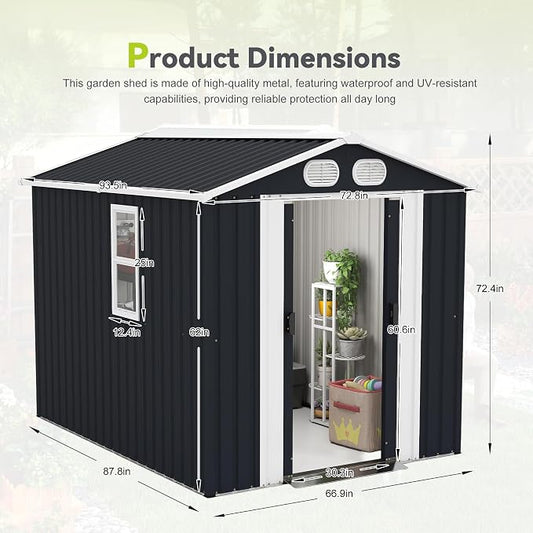 KEIKI 8x6 FT Outdoor Storage Shed, Heavy Duty Metal Garden Shed with Lockable Sliding Doors, Air Vents & Sloped Roof, Waterproof Backyard Tool Shed for Lawn Equipment, Patio Furniture, Dark Gray