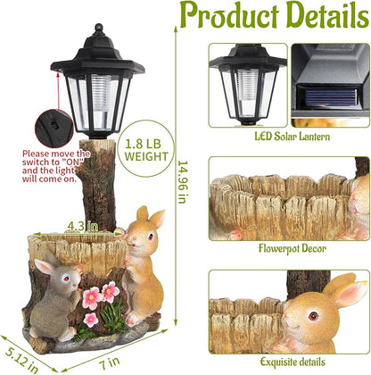 Solar Bunny Garden Stalue Outdoor, Rabbits Figurine Flowerpot Decolwith Solar Lantem for Yard Art Lawn Ornaments Porch Patio Balcony - Gardening Gifts for Women Mom