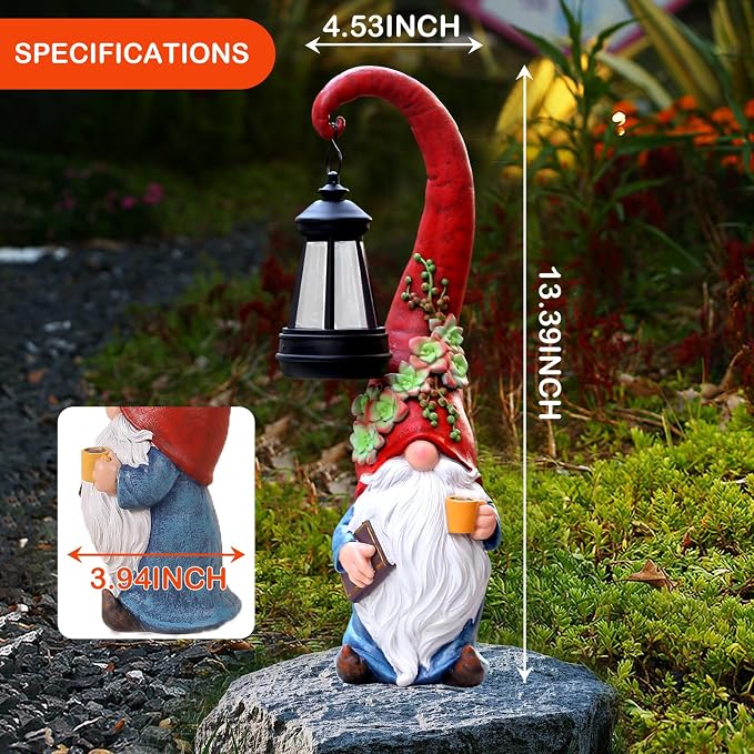 Coffee Gnome Garden Decor Statue Solar-Powered Gnome Ornament Lantern-Lit Courtyard Decoration Birthday Gift for Mom on the Patio