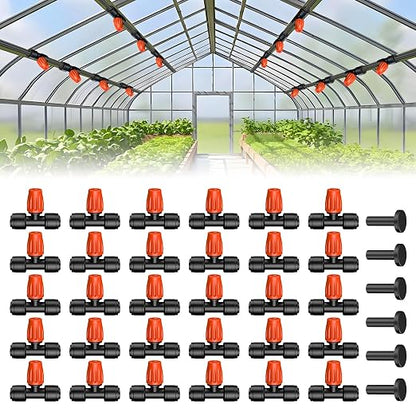 Pawfly 30 Pcs Push-to-Fit Drip Irrigation Spray Emitters for 1/4 Inch Tubing, Tee Misting Atomizing Nozzles Micro Sprayers with Adjustable 360 Degree Water Flow, Irrigation Drippers with End Plugs