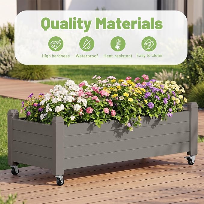 Fancyango Raised Garden Bed with Wheels 13.3" Hx2 -Gray | Resin Elevated Garden Planter Box with Drainage, Outdoor Planter Box for Veggies Herbs Patio Balcony Backyard