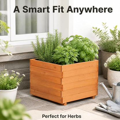 23.62" Square Wooden Planter Box, Planters for Outdoor Plants | Fir Wood Outdoor Garden Bed with 2 Drainage Holes Reinforced Bottom Support