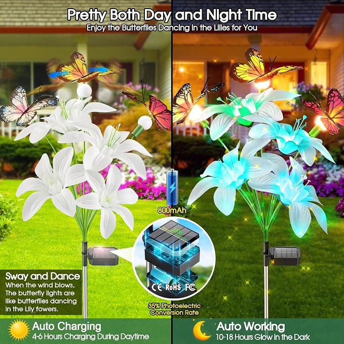 Garpar Solar Flower Lights Outdoor 4 Pack, 16 Lilies and 12 Butterflies | 800mAh Battery, Brighter LED, IP65 Waterproof, Color Changing, Perfect for Yard, Lawn, Pathway, Gift for Mom, Women, Grandma