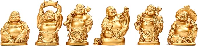 6Pcs 2in Gold Resin Laughing Buddha Figurines, Tabletop Lucky Decor | Maitreya Buddha Statue, Flower Pot Statue, Home Office Desk Decor, Fengshui Collection Gift Ornaments