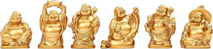 6Pcs 2in Gold Resin Laughing Buddha Figurines, Tabletop Lucky Decor | Maitreya Buddha Statue, Flower Pot Statue, Home Office Desk Decor, Fengshui Collection Gift Ornaments