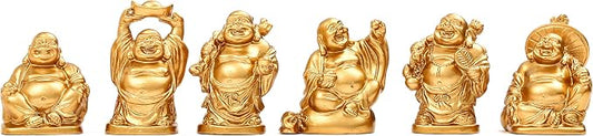 6Pcs 2in Gold Resin Laughing Buddha Figurines, Tabletop Lucky Decor | Maitreya Buddha Statue, Flower Pot Statue, Home Office Desk Decor, Fengshui Collection Gift Ornaments