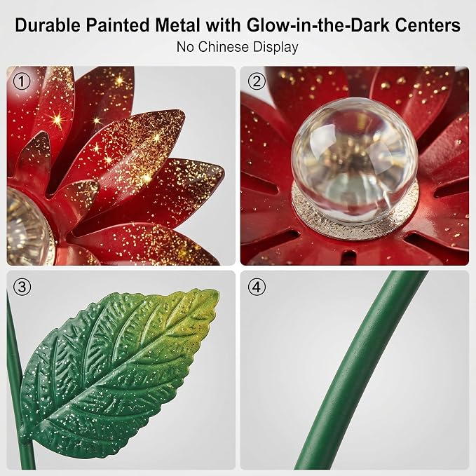 14 Inch Glow in The Dark Flower Garden Stakes, 3 Pack Colorful Metal Yard Decor with Luminous Beads, Outdoor Night Glow Garden Stakes for Lawn, Patio & Flower Beds