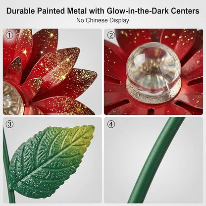 14 Inch Glow in The Dark Flower Garden Stakes, 3 Pack Colorful Metal Yard Decor with Luminous Beads, Outdoor Night Glow Garden Stakes for Lawn, Patio & Flower Beds
