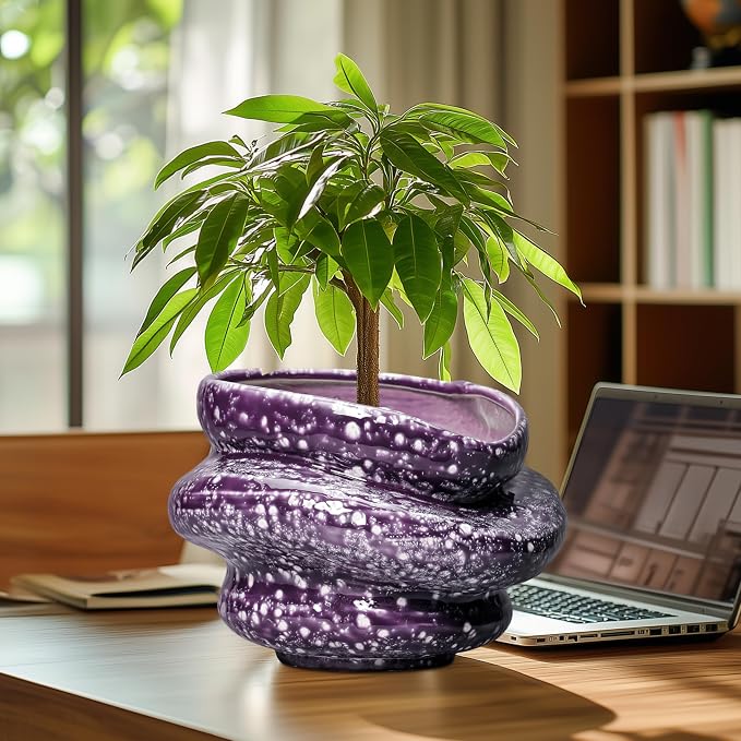 Ceramic Pots for Plants - 10.6 Inch Ceramic Plant Pots Indoor with Drainage Hole, Unique Planters for Indoor Outdoor Plants, Decorative Planter, Garden Room Decor, Housewarming Gifts, Purple