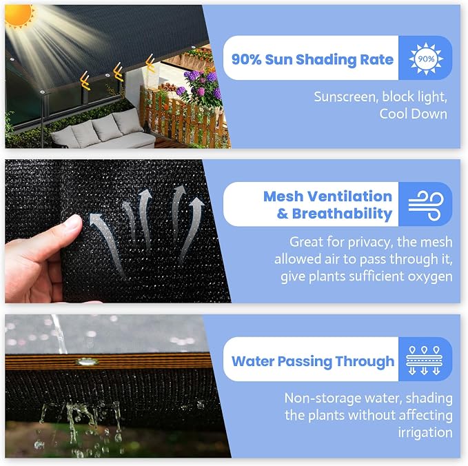 Riare 90% Black Shade Cloth- 6.5 x 13 FT Sunblock Garden Shade Cloth, Sun Shade Mesh Tarp with Reinforced Grommets for Greenhouse, Garden, Patio, Backyard, Plants, Pergola, Chicken Coop