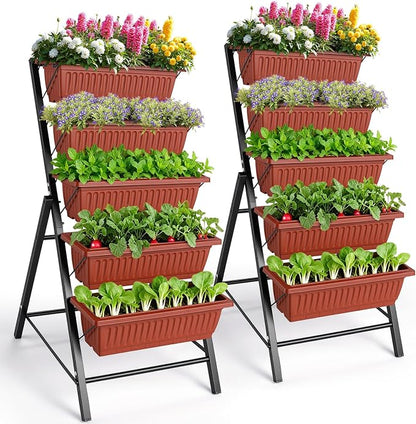 Suyncll 2 Pack Vertical Raised Garden Bed, 5 Tiers Elevated Planter Box with Drainage System and 4 Hooks, 4FT Vertical Planter for Herbs Vegetables Flowers, Dark Red
