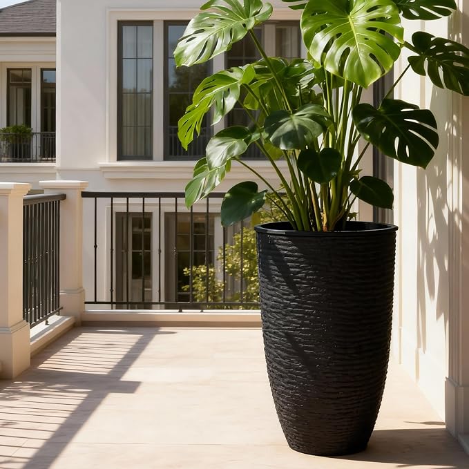 Worth Garden 2-Pack 21" H. Black Tall Planters with Inside Pots - 14'' Dia Plastic Large Round Plant Tree Pots - Decorative Imitation Stone Finish for Indoor Outdoor Front Porch Container Patio