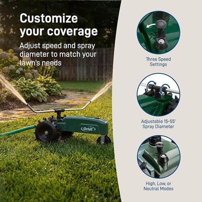 Orbit Traveling Tractor Water Sprinkler - Self-Propelled Traveling Sprinkler for Wide Lawn Coverage - Cast-Iron Body with Adjustable Coverage - Three-Speed - Automatic Shut Off - 58322