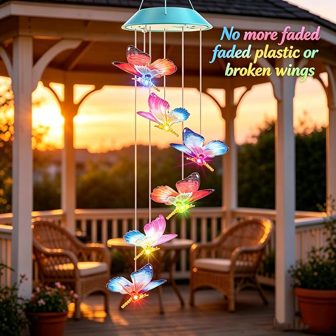 Toodour Solar Wind Chime, Color Changing LED Swaying Butterfly Wind Chimes, Upgrade Butterfly with Fluttering Wings, Waterproof Solar Outdoor Light Decor for Garden Window Patio, Gift for Mom Grandma