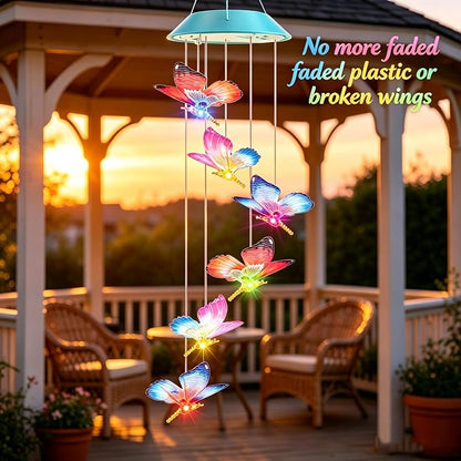 Toodour Solar Wind Chime, Color Changing LED Swaying Butterfly Wind Chimes, Upgrade Butterfly with Fluttering Wings, Waterproof Solar Outdoor Light Decor for Garden Window Patio, Gift for Mom Grandma