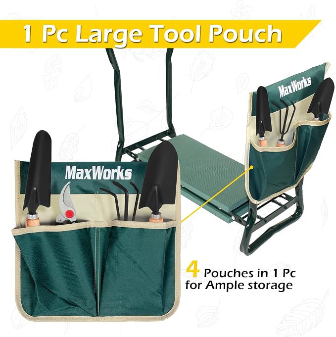 MaxWorks 50921 Folding Garden Kneeler Stool with 8 inch Wide Kneeling Pad, with 1 Tools Pouch for Planting and Gardening (Pack of 2)