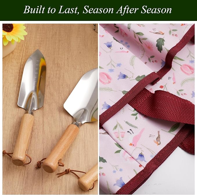 VerdantVibes Gardening Tools Set - 10 Piece Stainless Steel Garden Tools with Wood Handle, Pruners & Romantic Pink Floral Tote Bag - Cute Heavy Duty Gardening Gifts for Women Mom Wife
