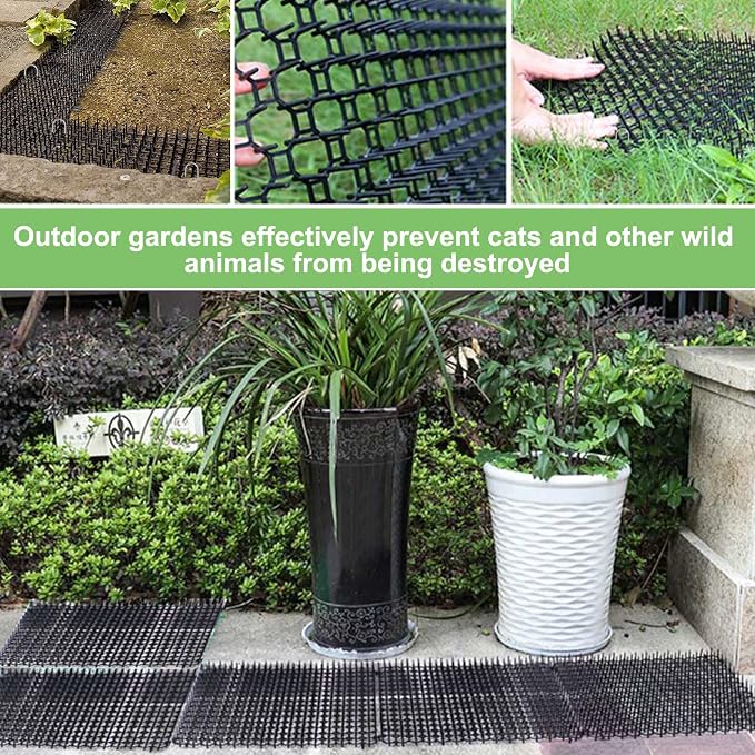 TSLBW 6.2 * 8 Inch 12 Pcs Cat Scat Mat with SpikesCat Repellent Mat with Spikes Pet Deterrent Net Anti Cat Mat Gardening Plastic Cat Scat Mat with 8 U-Shaped Pegs Wild Animal Garden Plants