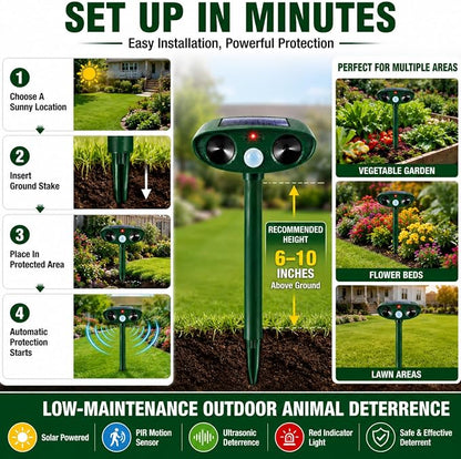 4 Pack Deer Repellent Devices,Cat Repellent Outdoor Solar Ultrasonic Animal Repeller for Squirrel Racoon Rabbit Fox Skunk,IP65 Waterproof Motion Sensor Sonic Fortress Pro Animal Deterrent for Garden