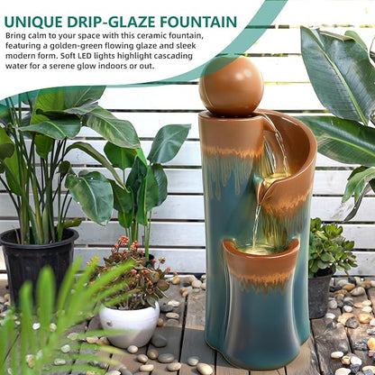 32" Ceramic Outdoor Water Fountain w/LED, Teal & Copper Water Feature | high-fired ceramic water fountain outdoor garden decor, lighted cascading waterfall, tranquil oasis for patio, yard, porch