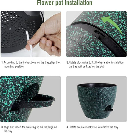 WSMKSZ 12 inch Large Self Watering Pots, Planter, Plant Pots with Mesh Drainage Holes for Indoor Outdoor House Plants and Garden, Plastic Flower Pots with Reservoir, Black with Green Speckles