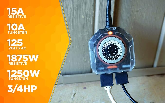 Woods 50124WD Outdoor 24-Hour Heavy Duty Mechanical Timer; 3/4Hp; 2 Grounded Outlets; Black (Pack of 6)