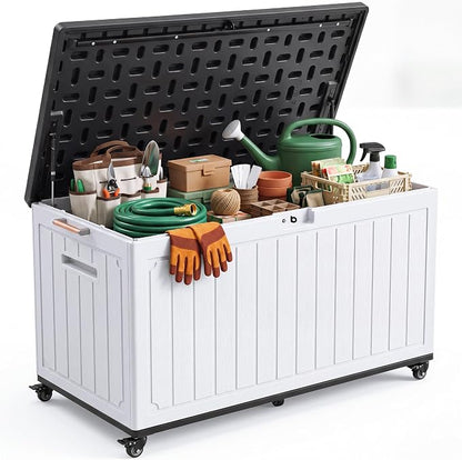 YITAHOME 90 Gallon Outdoor Storage Box with 6 Swivel Wheels & Dual Wooden | Large Double-Wall Resin Deck Box, Lockable Waterproof Patio Organizer for Furniture, Cushions, White & Black